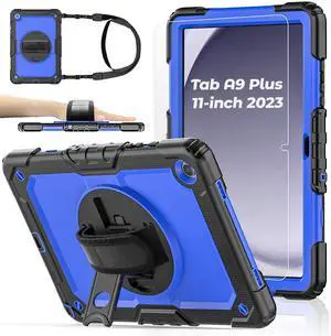 BASE MALL Case for Samsung Galaxy Tab A9+ Plus Tablet Case 11" 2023 with Tempered Glass Screen Protector, [Kids Proof],Rotatable Kickstand/Hand & Shoulder Strap/S Pen Holder (Blue)