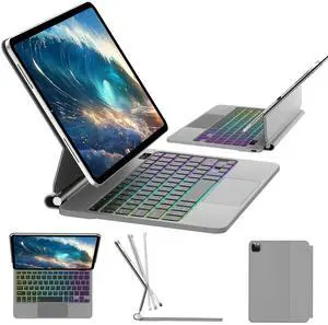 for iPad Air 11 inch Case with Keyboard (M3/M2, 2025/2024), iPad Pro 11 (4th/3rd/2nd/1st Gen) & Air 5th/4th Backlit Multi-Touch Trackpad Keyboard, Easy-Set Floating Cantilever Stand Magic Case, Grey
