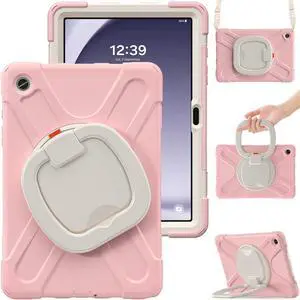 360 Rotation Case for Galaxy Tab A9+ A9 Plus 11'' 2023 SM-X210/X215/X216with Shoulder Strap Rotatable Kickstand/Handle Rugged Silicone Child Protective CoverPink