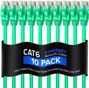 Maximm Cat 6 Ethernet Cable 7 Ft, 100% Pure Copper, (10 Pack) LAN Cable, Patch Cable and Network Cable - UTP (Green) 7 Feet