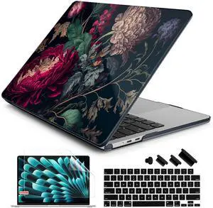 Batianda Premium Case for New MacBook Air 15 inch 2025 2024 2023 with M4 M3 M2 Chip, Designed Black Protective Plastic Hardshell & Keyboard Cover & Screen Protector, Vintage Flower