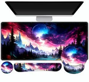 Gaming Mouse Pad, Large Desk Mat, Cute Desk Pad Protector, 4in1 XXL Mousepad + Keyboard Wrist Rest+Mouse Wrist Rest+Coaster Set with Ergonomic Desk Pad for Home Office Table Computer, Purple Hill