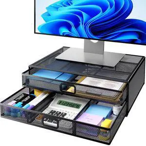 HUANUO 2 Tier Monitor Stand, Metal Monitor Riser with Drawer, Desk Organizer, Monitor Stand with Storage, Desktop Computer Stand for PC, Laptop, Printer