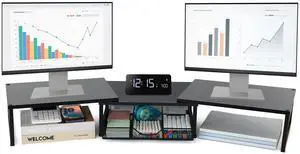 OPNICE Dual Monitor Stand Riser, Wooden Desk Organizer with Drawer, Office Desk Organizers and Accessories, Office Workspace Organization Computer Monitor Stand for Laptop, Printer, TV, Office Supplie