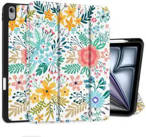DONGKE for iPad Air 13 Inch Case M3 2025, M2 2024 - [Built-in Pencil Holder] Slim Trifold Stand Shockproof Protective Cover with Soft TPU Back Support Auto Sleep/Wake - Flower