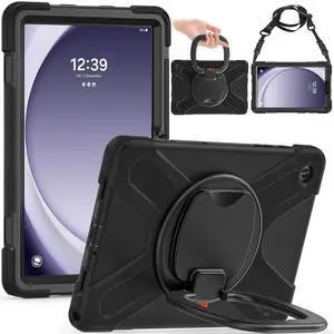 NINKI Compatible with Samsung Galaxy Tablet A9 Plus Case with Shoulder Strap,Camera Protection Kickstand Hand Grip Silicone Hard Shell Case for Samsung Tab A9 Plus 11-inch 2023 Cases for Man Black