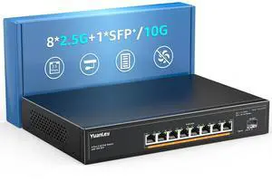 YuanLey 9 Port 2.5G PoE Switch Unmanaged, 8 x 2.5G Base-T PoE Ports, 10G SFP, IEEE802.3af/at, 120W, Compatible with 100/1000/2500Mbps, Metal Fanless, Desktop/Rack Mount 2.5Gbe Network Switch