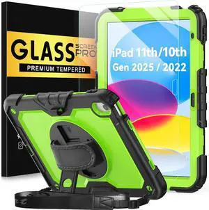 BLOSOMEET Case for iPad A16 11th/10th Generation 11''/10.9'' 2025/2022 with Tempered Glass Screen Protector & Pencil Holder, Rugged Military Grade Cover w/Stand Hand Shoulder Strap, Green