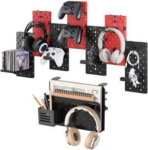 PEGZONE Desk Side Storage Organizer No Drill Under Desk Laptop Holder Bundle with 7 PCS Controller and Headphone Holder Wall Mount