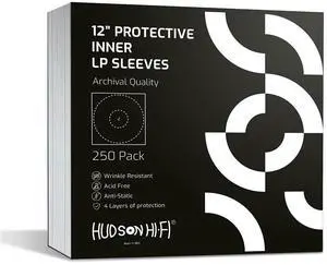 Hudson Hi-Fi Anti-Static Vinyl Record Inner Sleeves 250 Pack - Durable Clear Disc Sleeves- Protect Your LP Albums from Scratches, Dust & Dirt - Acid-Free Rice Paper Interior Disc Covers