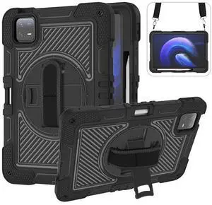 YOUULAR Tablet Case for Xiaomi Pad 6 Pro/Xiaomi Pad 6 23043RP34C, 23043RP34G 11.0 inch, Tablet Shockproof Cover with 360° Rotating Stand and Wrist Strap, Shoulder Strap Completely Black