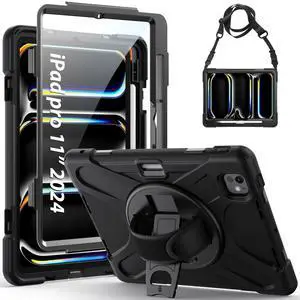 Gerutek Case for iPad Pro 11 inch M4 (2024) Tablet Case, Cover Protective with Screen Protector, Pencil Holder, 360 Rotating Handle, Stand, Strap for iPad Pro 11 5th Gen Model A2836/A2837/A3006- Black