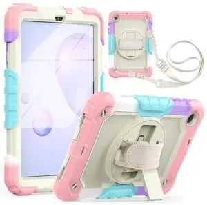 Heavy Duty Shockproof TPU Case for Samsung Galaxy Tab A 8.4 SM-T307/T307U 2020 Kids Case,Rugged Dropproof Protective Cover W Screen Protector+Rotating Kickstand+Handle+Shoulder Strap,Pink