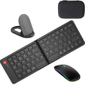Foldable Keyboard and Mouse,Wireless Keyboard Mouse Combo with Portable Case, Rechargeable Bluetooth Travel Multi-Device Keyboard Mouse for Windows iOS Android, PC/Laptop/Ipad/Tablet