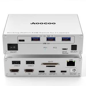 USB C KVM Switch 2 Monitors 2 Laptops,4K @60Hz MST Dual Monitor KVM Switch for 2 Computer, 100W PD and 1G Ethernet,Wired Remote Control and USB C Cables,Silver 11 cm USB C KVM Switch 2 Monitors 2 Laptops,4K @60Hz MST Dual Monitor KVM Switch for 2 Computer, 100W PD and 1G Ethernet,Wired Remote Control and USB C Cables,Silver 11 cm