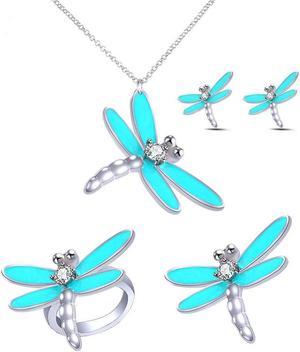 Fashion stainless steel Sky blue dragonfly necklace earring brooch jewelry ring pendant set jewelry+Gift box