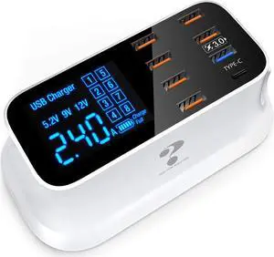 Multiple USB Charger, 8-Port Desktop Charging Station with Quick Charge 3.0 USB Port, Type C Port and LCD Display for Smart Phones, Tablet and More Multiple USB Charger, 8-Port Desktop Charging Station with Quick Charge 3.0 USB Port, Type C Port and LCD Display for Smart Phones, Tablet and More