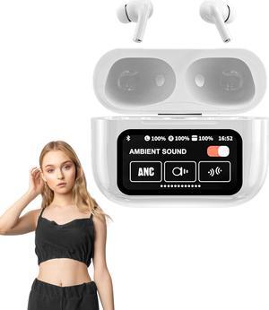 Mericonn Bluetooth 5.4 TWS Earbuds with Transparency Mode and 98% Active Noise Cancelling, Smart Touch Screen Case, ENC Mic, and Equalizer for iPhone, Samsung, and Android - White