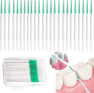 Mericonn 200 PCS Interdental Brushes and Dental Floss Picks 2-in-1,Double Head Brush Picks for Teeth,Soft Interdental Toothpicks for Adults,Disposable Floss Picks, Green Color