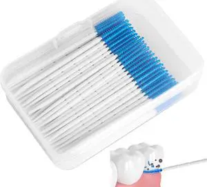 Mericonn 200 PCS Interdental Brushes and Dental Floss Picks 2-in-1,Double Head Brush Picks for Teeth,Soft Interdental Toothpicks for Adults,Disposable Floss Picks, Blue Color