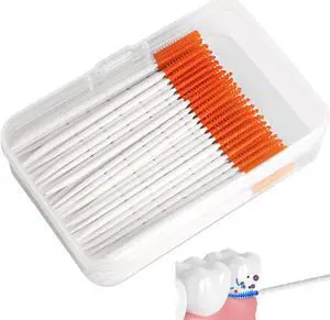Mericonn 200 PCS Interdental Brushes and Dental Floss Picks 2-in-1,Double Head Brush Picks for Teeth,Soft Interdental Toothpicks for Adults,Disposable Floss Picks, Orange Color