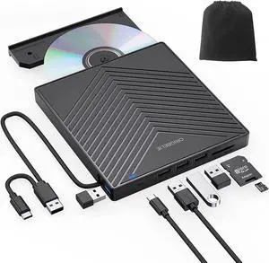 External CD DVD Drive, Ultra Slim CD Burner USB 3.0 with 4 USB Ports and 2 TF/SD Card Slots, Optical Disk Drive for Laptop Mac, PC Windows 11/10/8/7 Linux OS