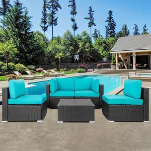 JAMFLY 5 Piece Patio Furniture Sets, All-Weather Brown PE Wicker Outdoor Couch Sectional Patio Set, Small Patio Conversation Set Garden Patio Sofa Set w/Ottoman, Glass Table, Blue