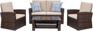 JAMFLY 4-Piece Outdoor Patio Furniture Set, Wicker Rattan Sectional Sofa Couch with Glass Coffee Table | Brown