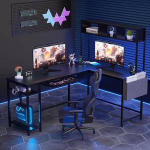 JAMFLY 92 inch L Shaped Home Office Desk, Reversible Gaming Desk with LED Lights and Power Outlet,Computer Desk with Keyboard Tray, Hook, Storage Bag and Shelf for Home Office, Black