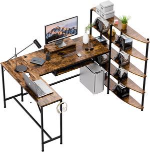 Jamfly L Shaped Computer Desk, Multifunctional Gaming Desk with 5-Tier Storage Shelves, Monitor Stand, Keyboard Tray & Hook, Modern Style Study Workstation for Home Office, Vintage Brown