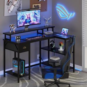 JAMFLY 52" L Shaped Computer Desk with 3-Tier Storage Shelves & Drawer, Reversible Gaming Desk with Monitor Stand & 32 Colors LED Lights, Modern Study Workstation for Home Office, Black