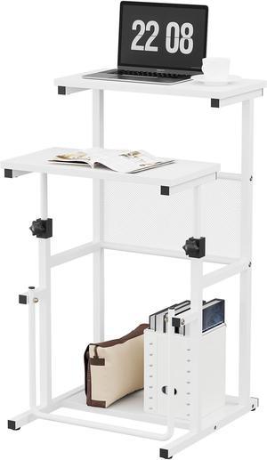 jamflySmall Standing Desk with Storage, Mobile Height Adjustable Laptop Computer Cart, Sit Stand Desk with Footrest for Home Office, White Top