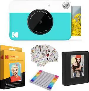 Kodak Printomatic Instant Camera (Blue) Gift Bundle + Zink Paper (20 Sheets) + Case + 7 Sticker Sets + Markers + Photo Album.