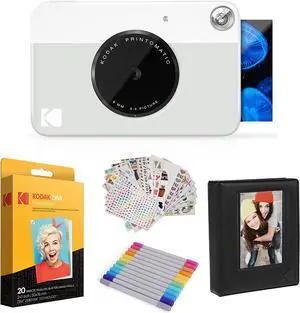 Kodak Printomatic Instant Camera (Grey) Gift Bundle + Zink Paper (20 Sheets) + Deluxe Case + 7 Fun Sticker Sets + Twin Tip Markers + Photo Album.