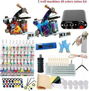 2 Machine 40 Colors Tattoo Ink Set Black Power Supply Needles Tips Disposable Supplies Tattoo Kit Complete Set