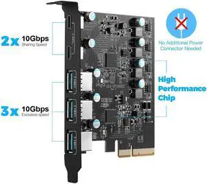 PCIe to USB 3.2 Gen 2 Adapter Card with 20 Gbps Bandwidth 5-Port PCI Express Expansion Card Internal USB Hub PCI-E Add-on Cards Riser for Windows 10/8/7 and MAC OS 10.8.2 Above (2X USB C -3X USB A)