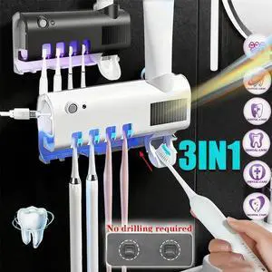Upgraded 3-in-1 Electric Blue Light Disinfection Toothbrush Holder with Toothpaste Dispenser, Wall-Mounted No-Drill USB Charging