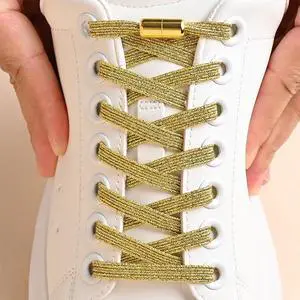 2Pair No Tie Shoe Laces Colorful Buckle Shoelaces Pearl Light Colorful Fashion Without Ties Elastic Laces Sneaker Kids Adult Gold