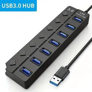 Aessdcan 2pc 7-Port USB 3.0 HUB Splitter With LED Power Indicator And Switch (30CM Cable)-USB 3.0 4 Ports USB 3.0 7 Ports