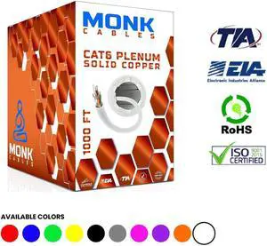 CAT6 Plenum (CMP) 1000ft Bulk Ethernet Cable | 100% Pure Solid Bare Copper | 550MHz, 23AWG, 4Pair UTP 10GB Internet Cable White