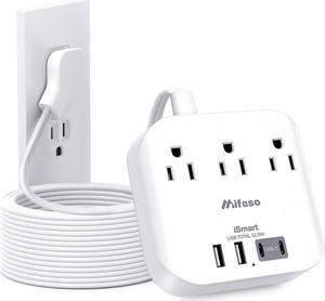 Mifaso Flat Extension Cord, 5ft Ultra Flat Plug Power Strip - 3 Outlets 4 USB Ports (2 USB C) Desk Charging Station Power Strip with No Surge Protection for Cruise Ship, Travel, Dorm Room Essentials