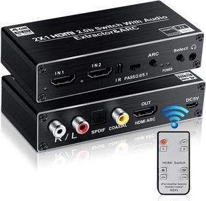 HDMI Switch Audio Extractor, HDMI Switch Splitter 2 Inputs 1 Output with Remote 4K@60hz, 2-Port HDMI2.0b Switcher Box with Optical Toslink SPDIF+Coaxial+Analog RCA Stereo Audio Out