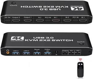 HDMI KVM Switch Dual Screen 2 Monitors 2 Computers 2 in 2 Out,4K@60Hz USB KVM HDMI Switches with Audio HDMI2.0 Ports + 4X USB3.0,Supports 4K 60Hz,1080P 144HZ,RGB 4:4:4,3D,HDR,HDCP,Hotkey,Darkish