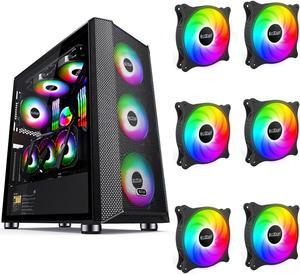 Computer Case Gaming PC Case ATX Mid-Tower Tempered Glass Side Panel Computer Chassis Desktop Case Support ATX,Micro-ATX,ITX,Pre-Installed 6 PCS 120mm SRGB Fans,Front Side Mesh Intakes,7+3 Expansion