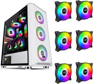 Computer Case Gaming PC Case ATX Mid-Tower Tempered Glass Side Panel Computer Chassis Desktop Case Support ATX,Micro-ATX,ITX,Pre-Installed 6 PCS 120mm SRGB Fans,Front Side Mesh Intakes,Expansion White