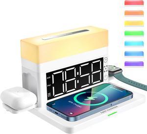 6 in 1 Wireless Charger,6 in 1 Wireless Charging Station with Digital Alarm Clock,Clock,Colorful Atmosphere Night Light,15W Fast Charger Compatible with iPhone 14/13/12/11/XS/8 Samsung AirPods White