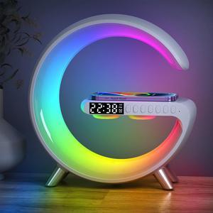 Multifunctional 15W Wireless Charger Atmosphere Lamp,Bluetooth Speaker,Dual Alarm Clock,Sunrise Simulated Wake Up Light,Nature Sleep Aid Sound Machine,Dimmable Night Light,Key and APP Control,White