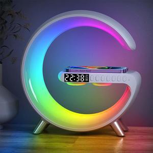 Multifunctional 15W Wireless Charger Atmosphere Lamp,Bluetooth Speaker,Dual Alarm Clock,Sunrise Simulated Wake Up Light,Nature Sleep Aid Sound Machine,Dimmable Night Light,Key and APP Control, Gray