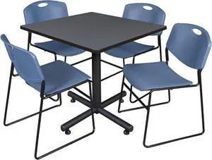 Regency Kobe 42 in. Square X-Base Breakroom Table- Grey, 4 Zeng Stack Chairs- Blue