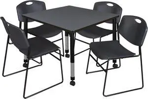 Regency Kee 42 in. Square Mobile Adjustable Classroom Table- Grey & 4 Zeng Stack Chairs- Black